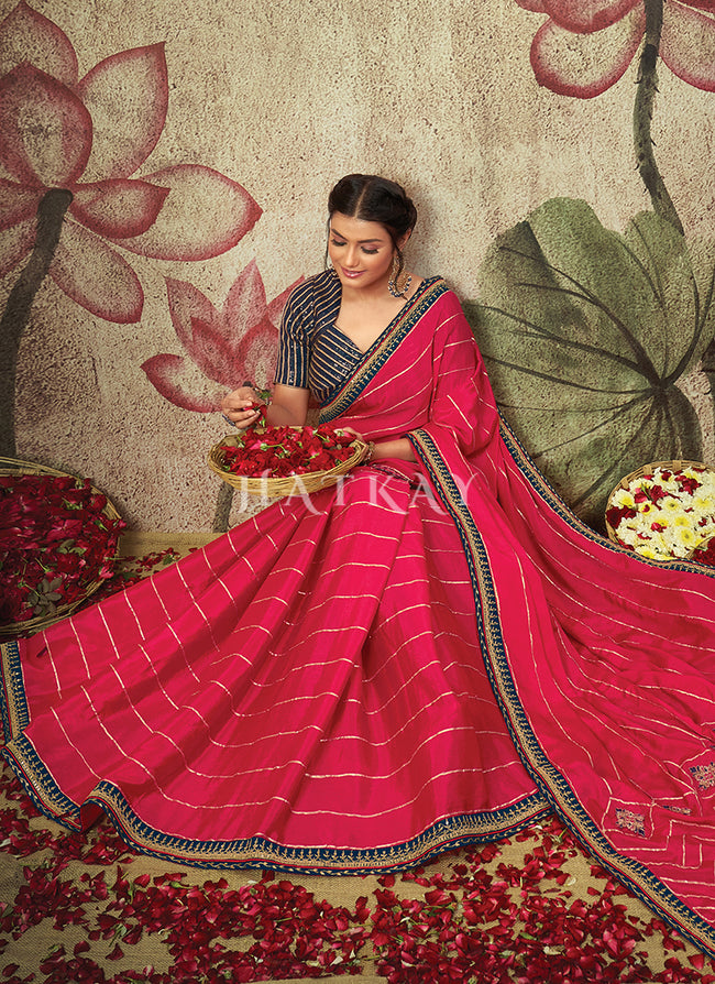 Buy Saree | Hot Pink And Blue Embroidery Traditional Chiffon Saree At Hatkay