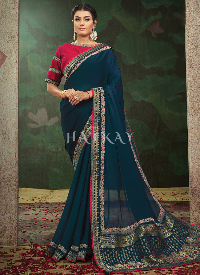 Royal Blue And Pink Embroidery Traditional Satin Silk Saree