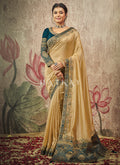 Beige And Turquoise Embroidery Traditional Crepe Silk Saree