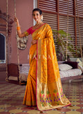 Yellow And Green Traditional Embroidered Silk Saree