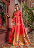 Peach And Green Traditional Embroidered Silk Saree