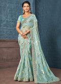 Light Blue Mirror Work Embroidery Party Wear Saree