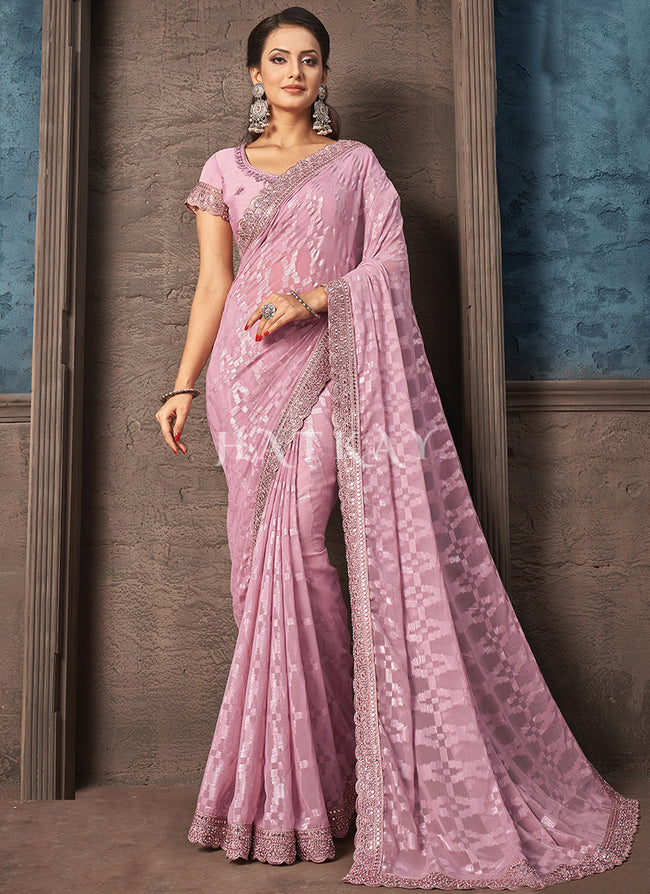 Lavender Mirror Work Embroidery Party Wear Saree