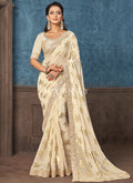 Off White Mirror Work Embroidery Party Wear Saree