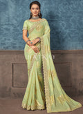 Light Green Mirror Work Embroidery Party Wear Saree
