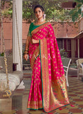 Pink And Green Traditional Embroidered Silk Saree