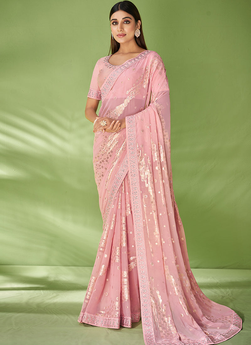 Pink Designer Georgette Embroidered Festive Saree