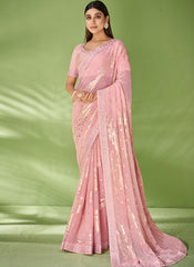 Pink Designer Georgette Embroidered Festive Saree
