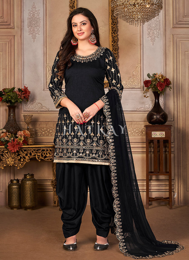 Black Mirror Work Embroidered Patiala Salwar Suit