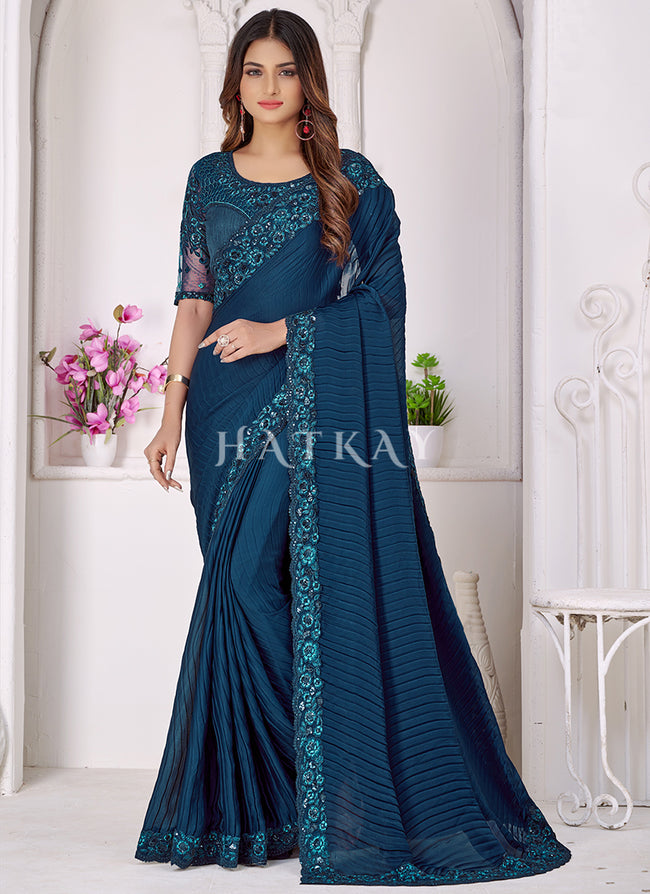 Royal Blue Sequence Embroidered Crush Wedding Saree