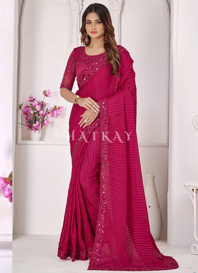 Pink Sequence Embroidered Crush Wedding Saree