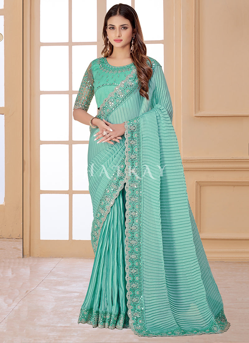 Aqua Blue Resham Embroidered Traditional Wedding Saree
