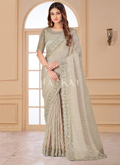 Beige Resham Embroidered Traditional Wedding Saree