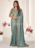 Teal Golden Embroidered Traditional Wedding Saree
