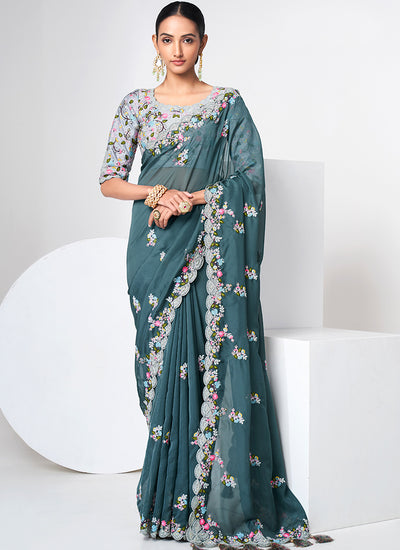 Teal Blue Multi Appliqué Embroidery Organza Silk Saree