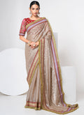 Golden Beige And Red Mirror Work Embroidery Organza Saree