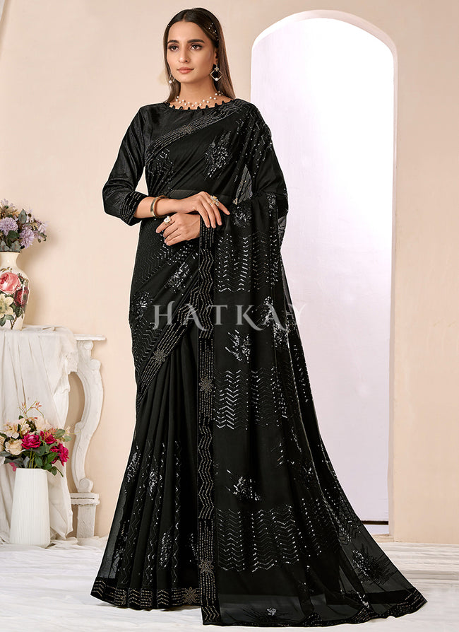 Black Sequence Embroidery Georgette Saree