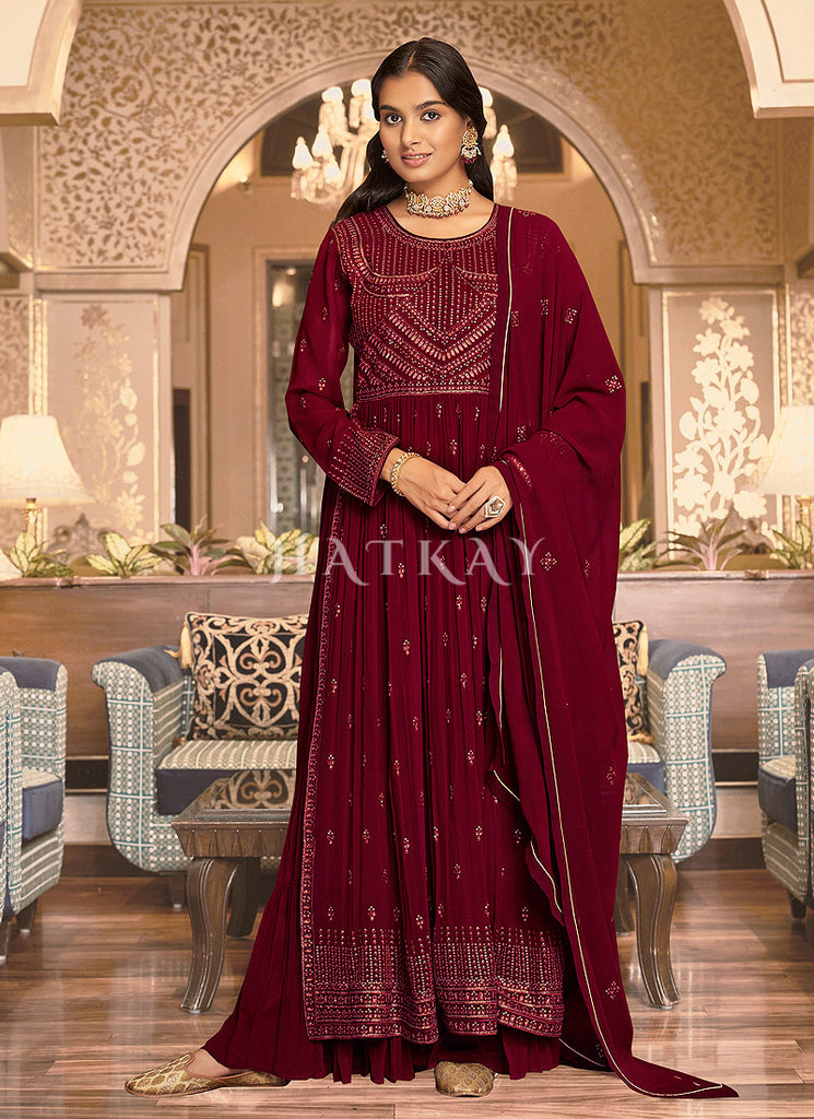 Magenta Georgette Embroidery High Slit Gharara Suit