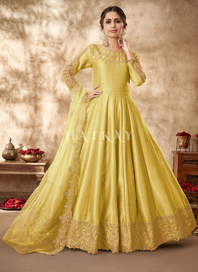 Yellow Zari Embroidered Traditional Silk Anarkali