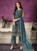 Turquoise Designer Embroidered Pant Style Suit