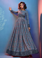 Grey Floral Print And Sequence Embroidered Crape Gown