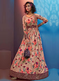 Peach Floral Print And Sequence Embroidered Crape Gown