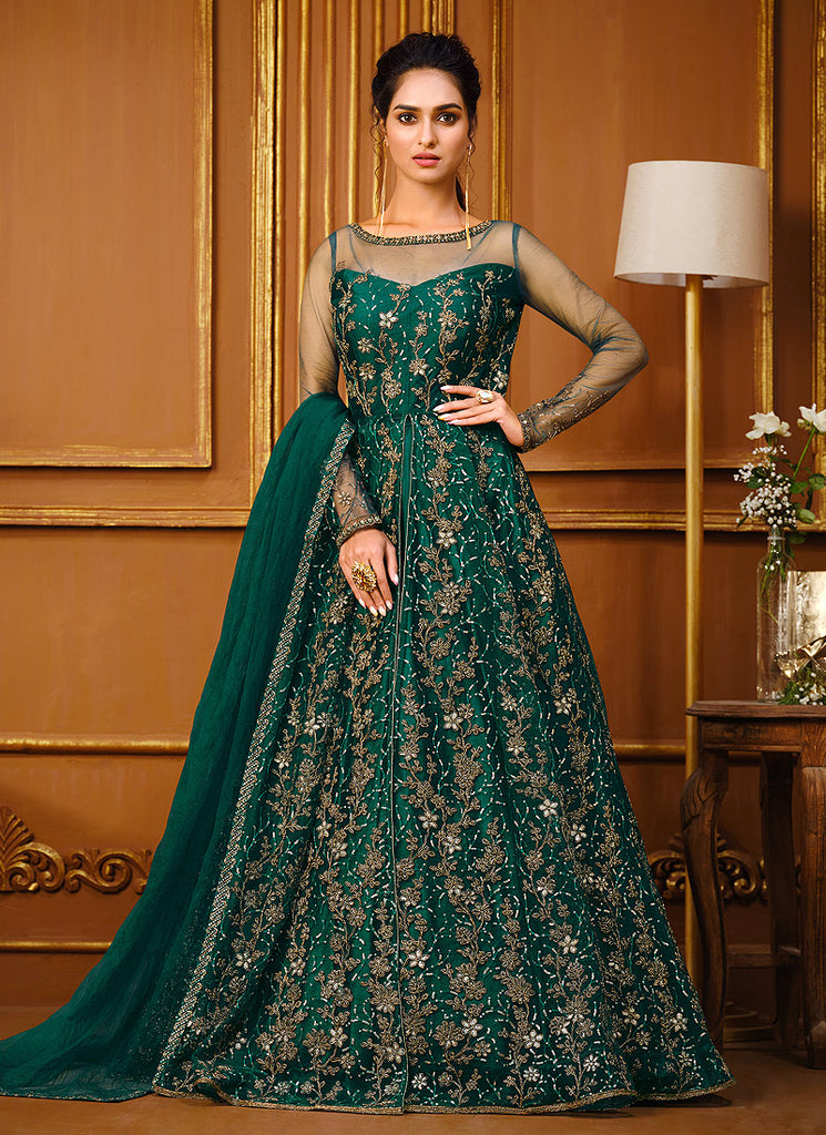 Green Zari Embroidered Slit Style Anarkali Pant Suit 