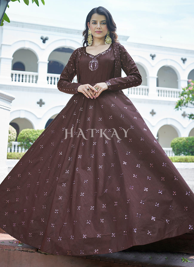 Buy Indian Gown In Massachusetts | Deep Maroon Sequence Embroidered Jacket Anarkali Gown 