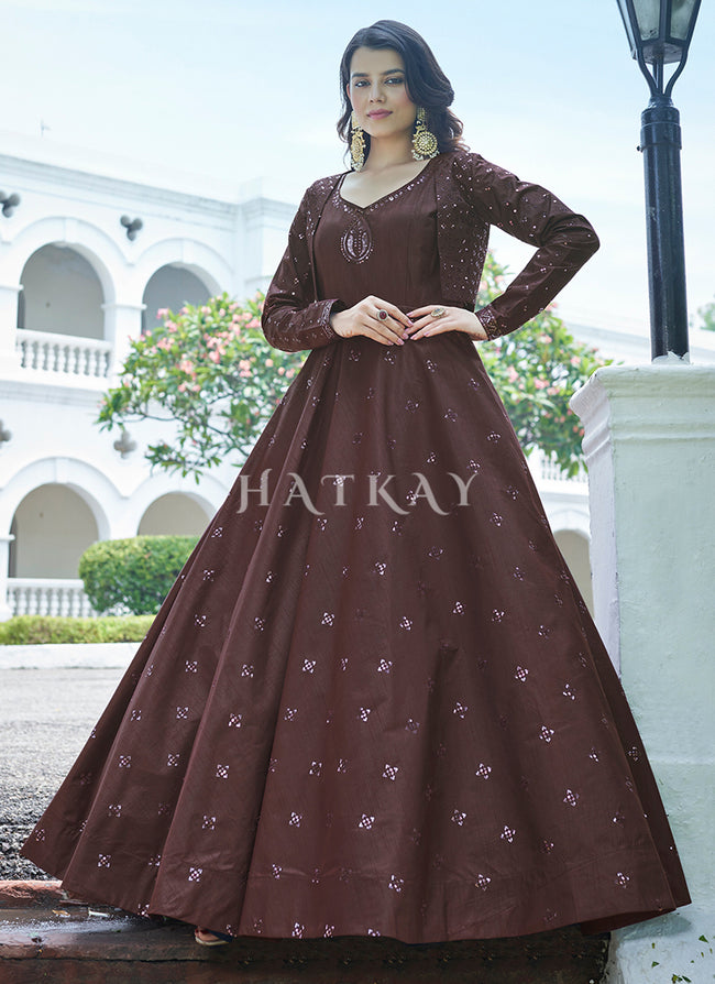 Deep Maroon Sequence Embroidered Jacket Anarkali Gown