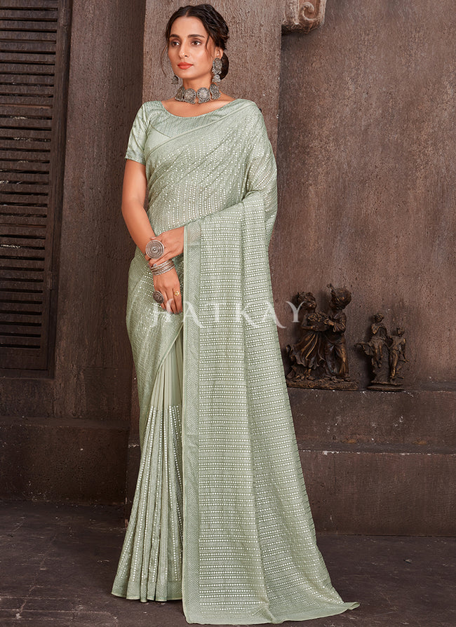 Mint Green Sequence Embroidery Organza Silk Saree