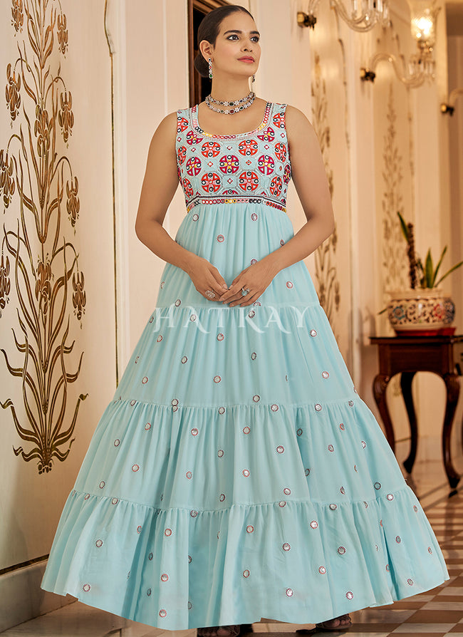 Teal Blue Floral Embroidered Wedding Gown