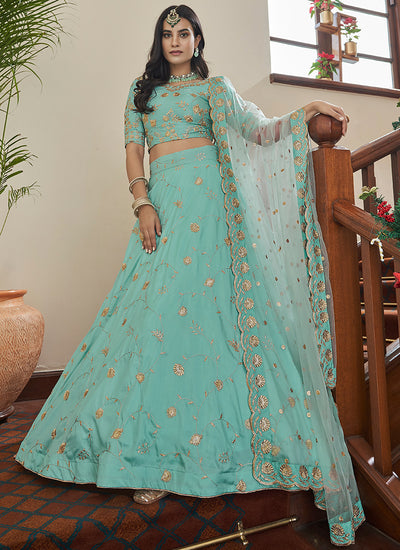 Teal Blue Sequence Embroidery Festive Lehenga Choli