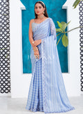 Powder Blue Crystal Stone Work Embroidery Silk Saree