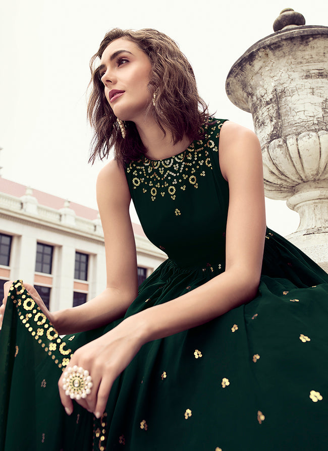 Green Floral Heavy Embroidered Gown Style Anarkali - India Clothing