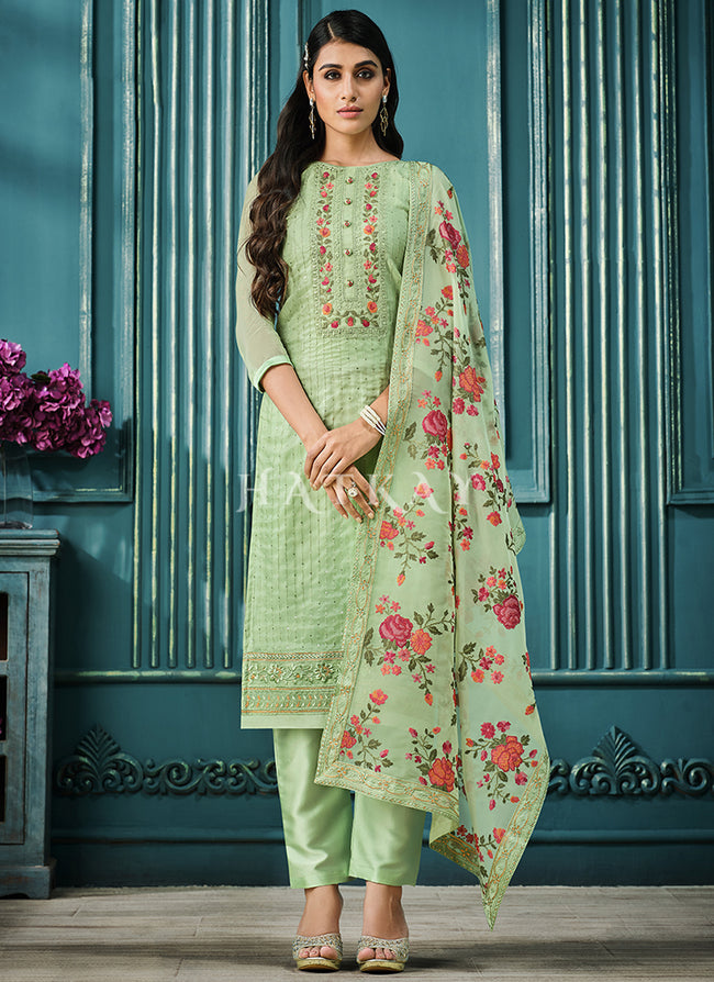 Pista Green Multi Embroidered Pakistani Pant Style Suit