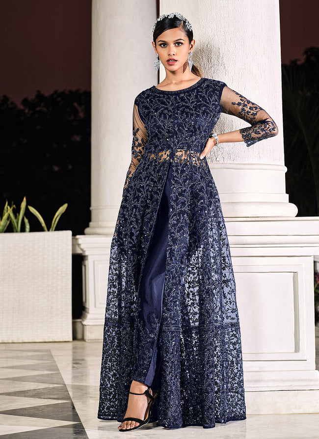 Embroidered Net Front Slit Abaya Style Suit in Dusty Blue : KUF15367
