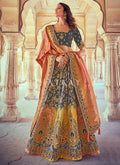 Grey And Peach Embroidered Silk Wedding Lehenga Choli