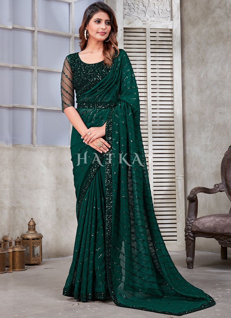 Buy Saree - Green Sequence Embroidery Organza Silk Saree With Belt