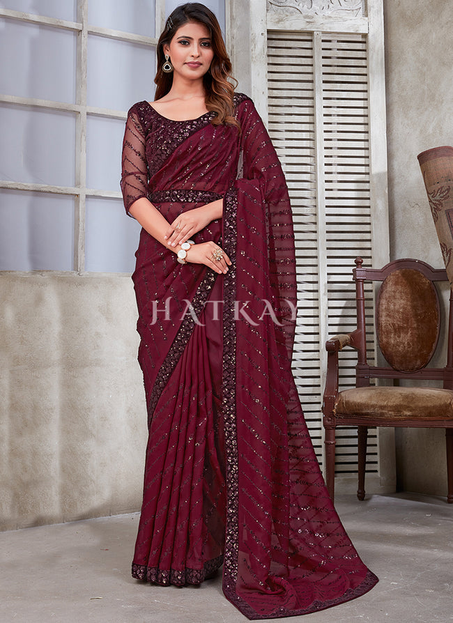 Buy Saree - Maroon Sequence Embroidery Organza Silk Saree With Belt