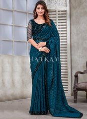Buy Saree - Turquoise Sequence Embroidery Organza Silk Saree With Belt
