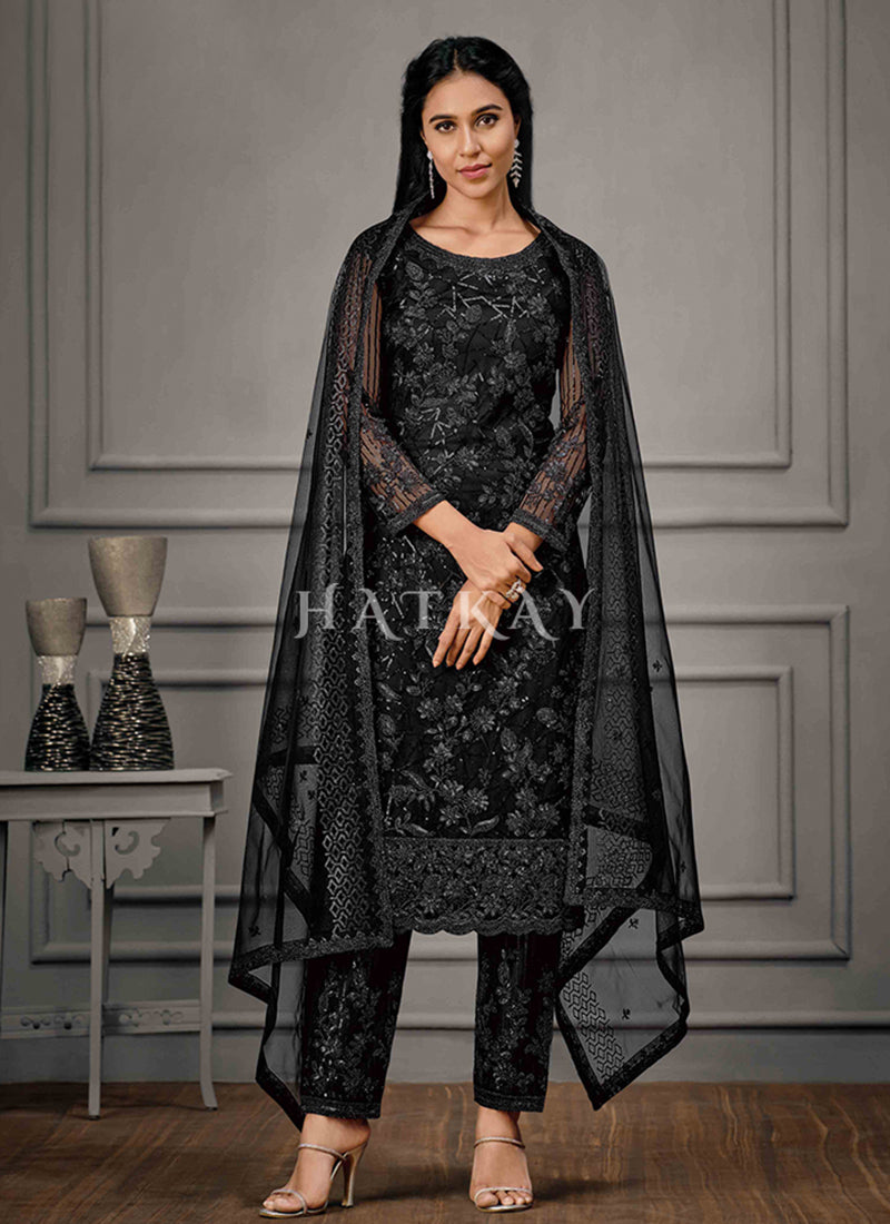 All Black Embroidered Pant Suit