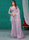 Buy Saree - Purple Sequence And Appliqué Embroidery Silk Saree
