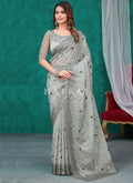 Buy Saree - Olive Green Sequence And Appliqué Embroidery Silk Saree