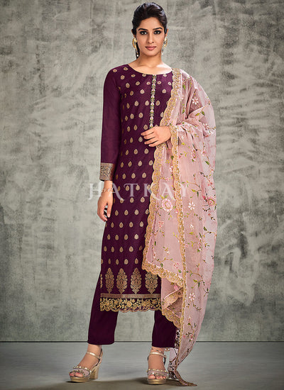 Wine Pakistani Pant Style Salwar Suit