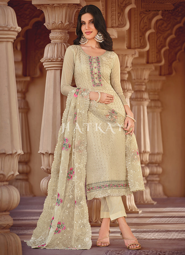 Beige Embroidered Pakistani Pant Style Suit