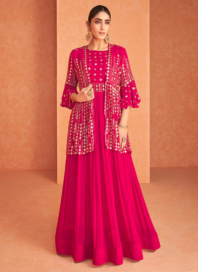 Hot Pink Sequence Embroidered Jacket Style Anarkali Suit