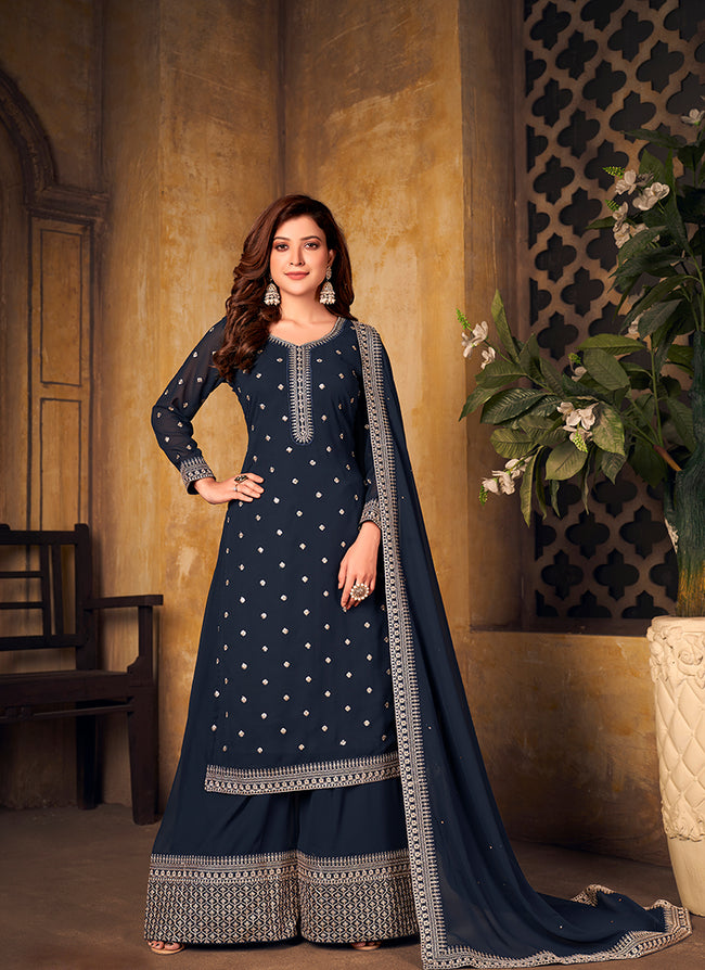 Buy Pink Thread Work Georgette Beautiful Palazzo Suit Online