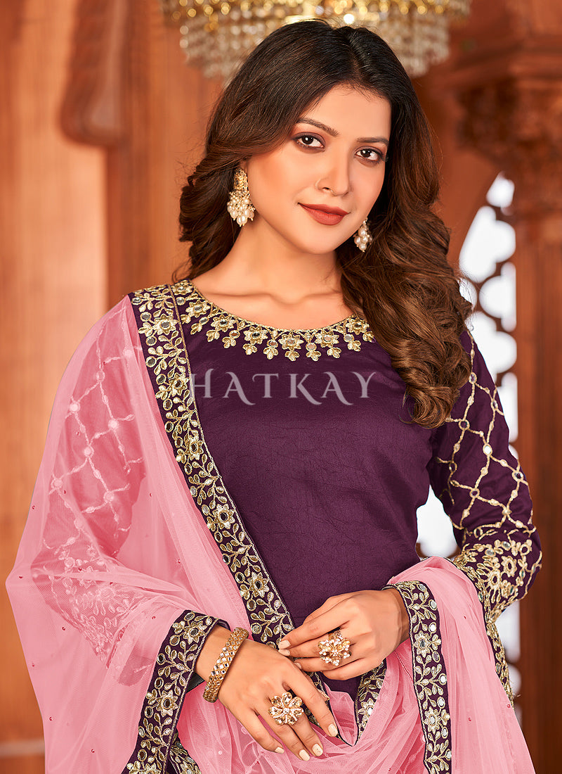 Wine And Pink Mirror Work Embroidery Patiala Suit