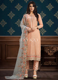 Peach And Grey Floral Embroidery Pakistani Pant Suit