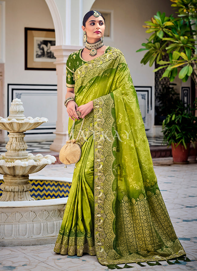 Lime Green Traditional Weaved Party Wear Silk Saree
